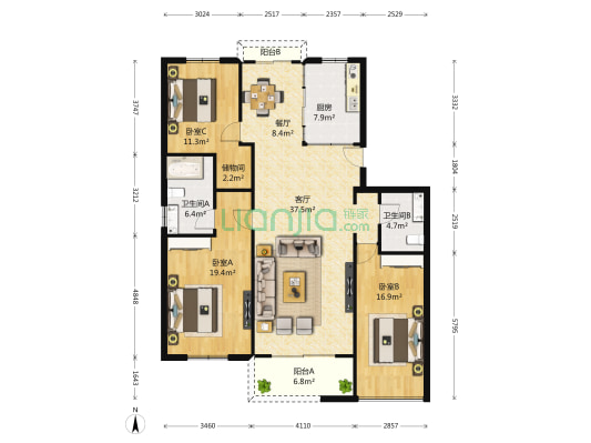 清水公寓 3室2厅2卫 155平方
