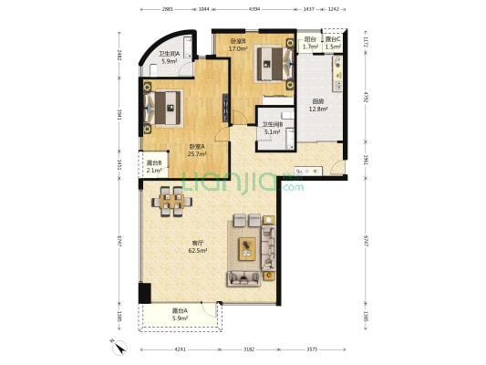 柏丽澜庭 2室1厅2卫 186平方