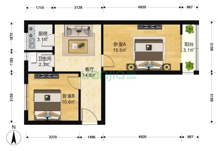 复兴路46号院 2室1厅1卫 65 户型