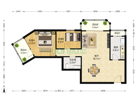 苏州街20号院 2室1厅1卫 113平方