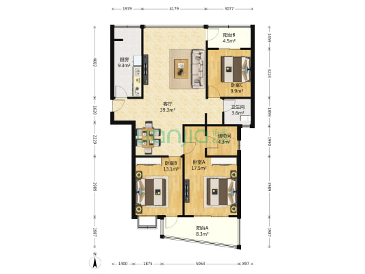 左岸名苑月桂阁 3室1厅1卫 137平方