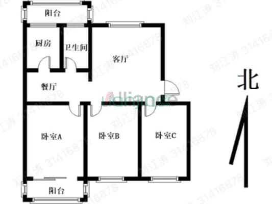 双塔中学小区 3室1厅 南 北-户型图