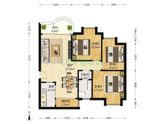 倚山别苑 3室1厅1卫 83平方