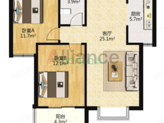 名流美域 2室2厅 南-户型图