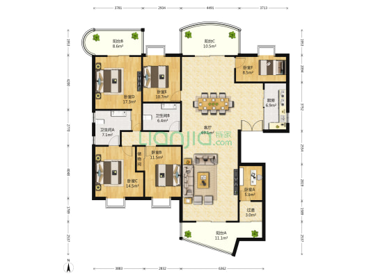 源昌国际城二期 6室1厅2卫 137平方