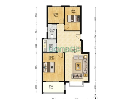 天保青花府 3室2厅 南 北-户型图