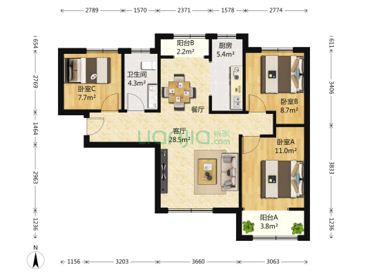 剑桥府邸 3室1厅1卫 110平方