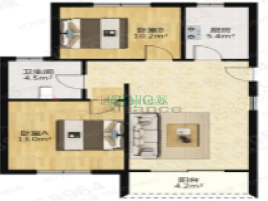 京都颐和城颐景雅苑 2室2厅 南-户型图