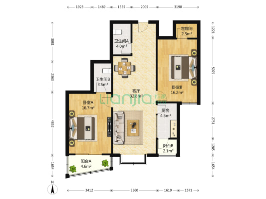 新新公寓 2室1厅2卫 113平方