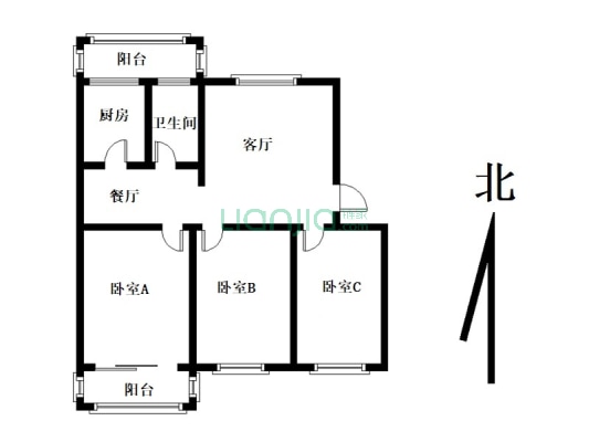 双塔中学小区 3室2厅 南 北-户型图