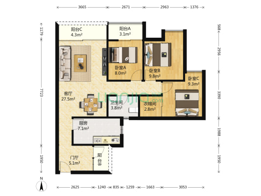 龙湖三千城A区 3室1厅1卫 90平方