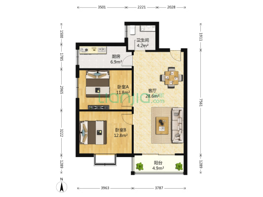 众城国际广场 2室1厅1卫 90平方
