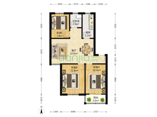 翠微西园 3室1厅1卫 82平方