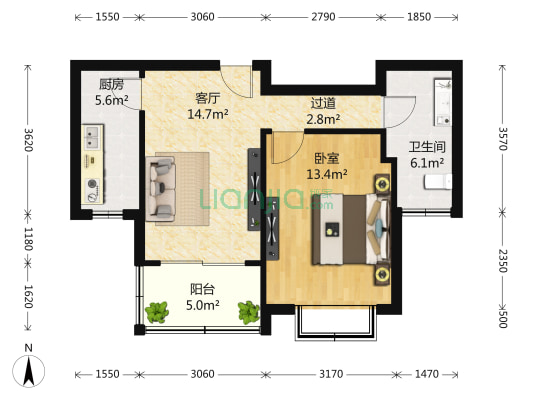 丰水宝邸(西苑) 1室1厅1卫 61平方