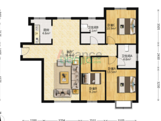 急售三利东区大三居，三阳开泰户型，价格美丽-户型图