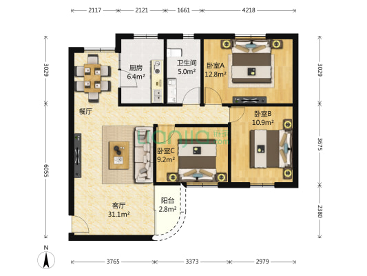 宏威花园 3室1厅1卫 92平方