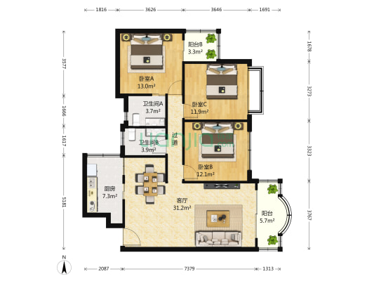 海滨城广场二期 3室1厅2卫 118平方