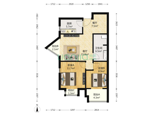 天时名苑 2室2厅1卫 105平方