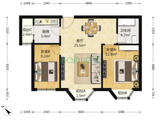 恋日绿岛 2室1厅1卫 86平方
