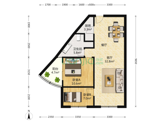 长富大厦 2室2厅1卫 89平方