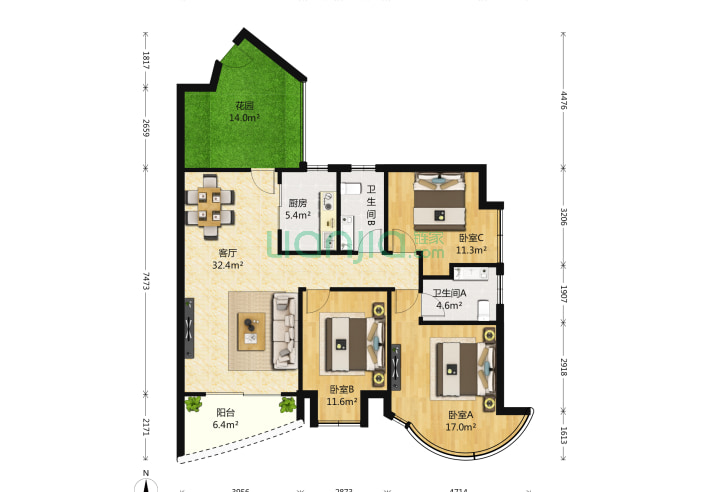 名家富居 3室1厅2卫 112㎡ 户型(深圳链家网)