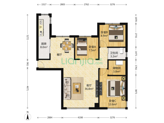 中海国际社区二期 3室1厅1卫 125平方