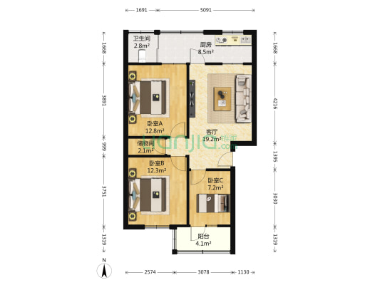 工业区 3室1厅1卫 80平方