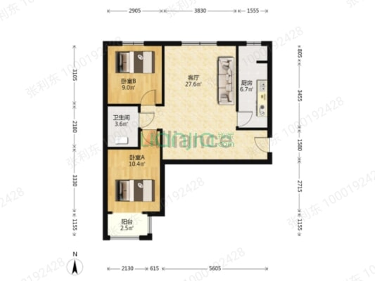 此房满五 户型方正，南北两居室 带装修 采光好-户型图