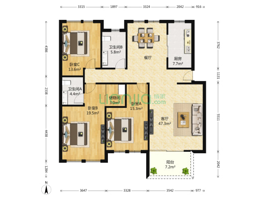 紫桂花园 3室1厅2卫 152平方
