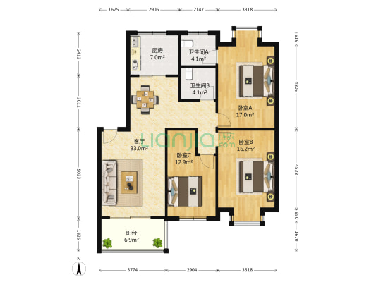 青合仕家 3室1厅2卫 126平方