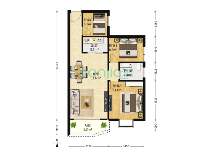 阳光新居 3室1厅1卫 81㎡ 户型
