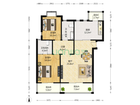 万杨香樟公寓 2室1厅2卫 124平方