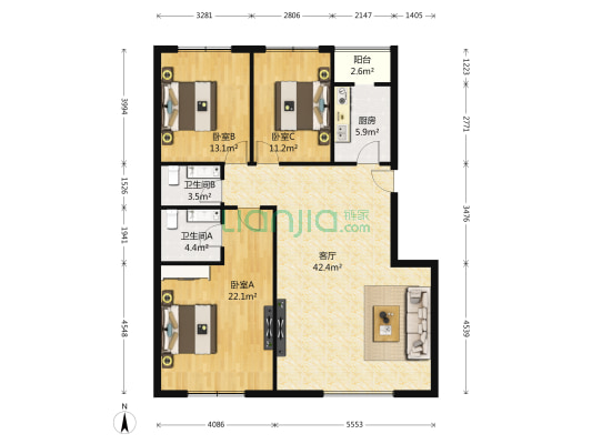 阳光壹佰北园 3室1厅2卫 129平方