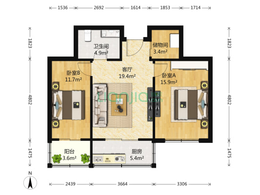 泽园公寓 2室1厅1卫 77平方