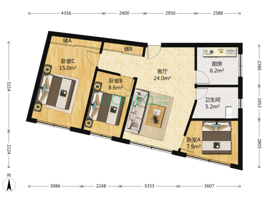 马家花园路23号院 3室1厅1卫 87平方