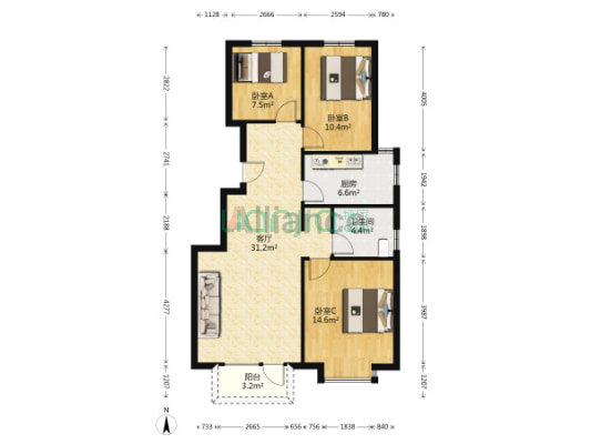 凯兴悦享城 3室2厅 南 北-户型图