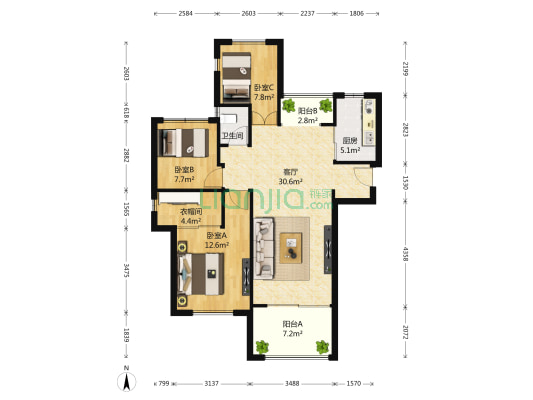 金地艺境 3室1厅1卫 110平方