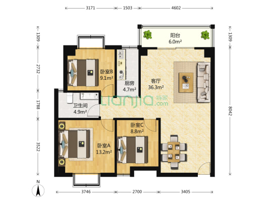 水岸名筑 3室1厅1卫 103平方
