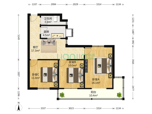 水果湖横路 3室1厅1卫 90平方