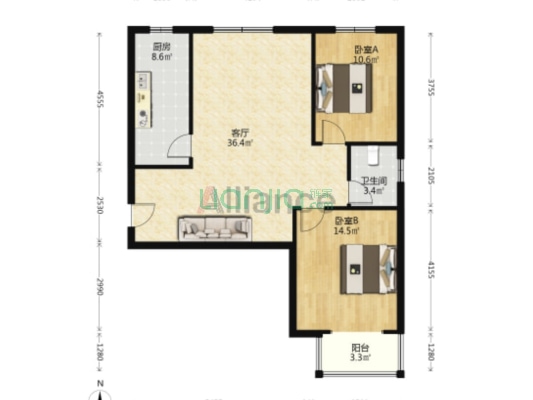 天筑逸城 2室2厅 南 北-户型图