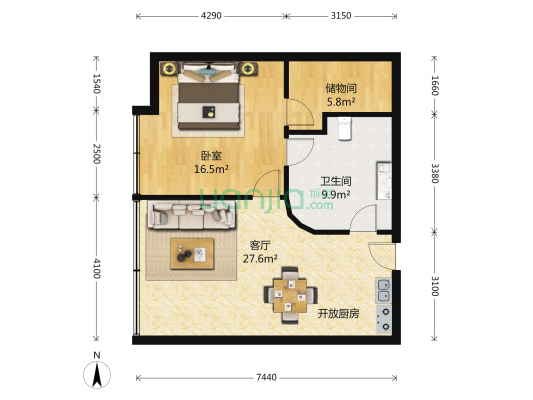 中新星湖公馆 1室1厅 东南