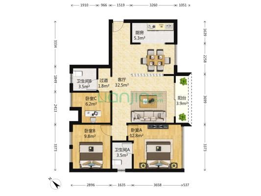 仁安龙城国际二期 3室1厅2卫 105平方