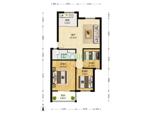 三里新城柳苑 3室1厅1卫 89平方