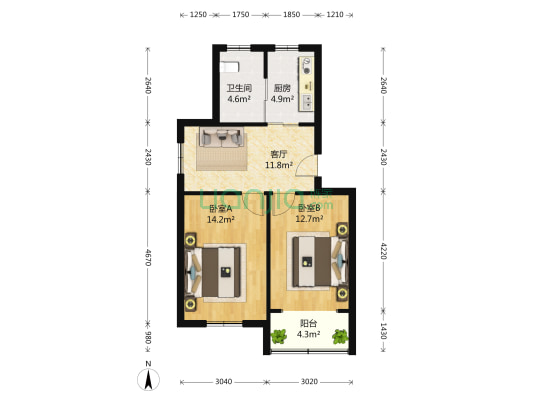 金泉苑(闸北) 2室1厅1卫 68平方