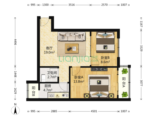 北蜂窝中路2号院 2室1厅1卫 70平方