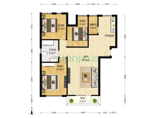 月憬苑 3室1厅1卫 124平方