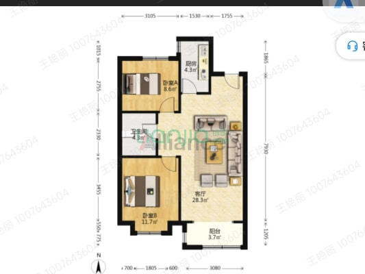 香邑溪谷悦都小区 2室1厅 南-户型图