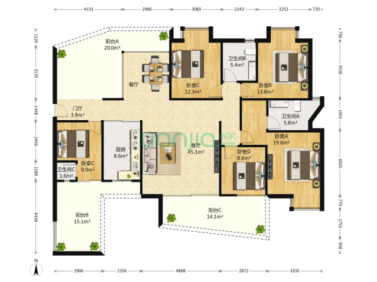 万科东方尊峪 5室1厅3卫 180平方