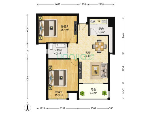 观山名筑 2室1厅1卫 88平方