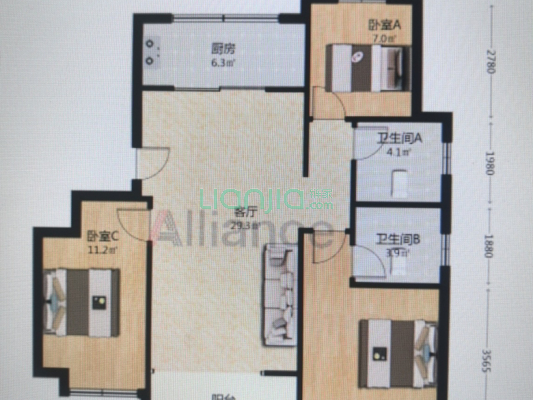 樾府国际 精装三居室 高楼层边户 拎包入住-户型图
